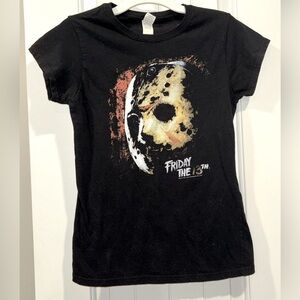 Friday the 13th black Jason Voorhees mask tee; size small